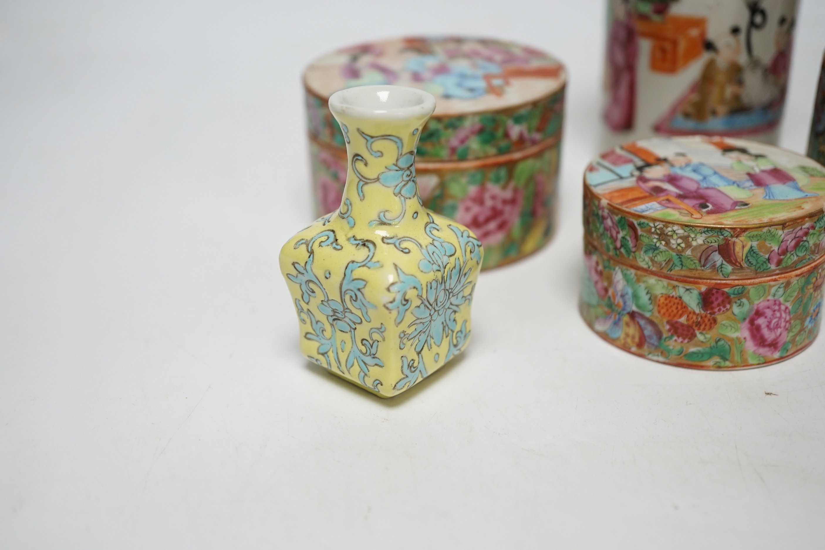 Seven 19th/20th century Chinese enamelled porcelain vases, boxes or jars